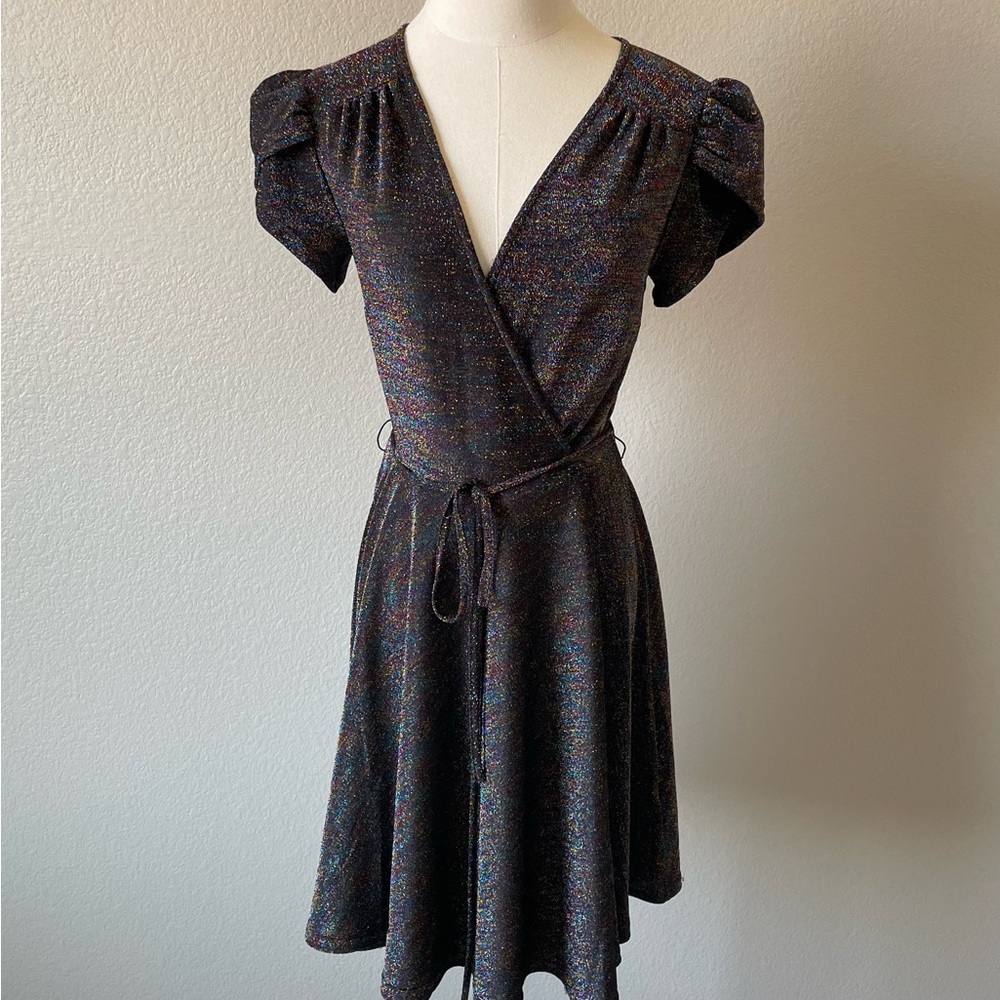 Unique Vintage Smak Parlour Glitter Faux Wrap Flare Dress